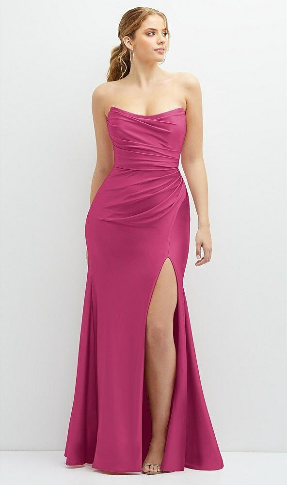 strapless basque-neck draped stretch satin mermaid dress with horsehair hem