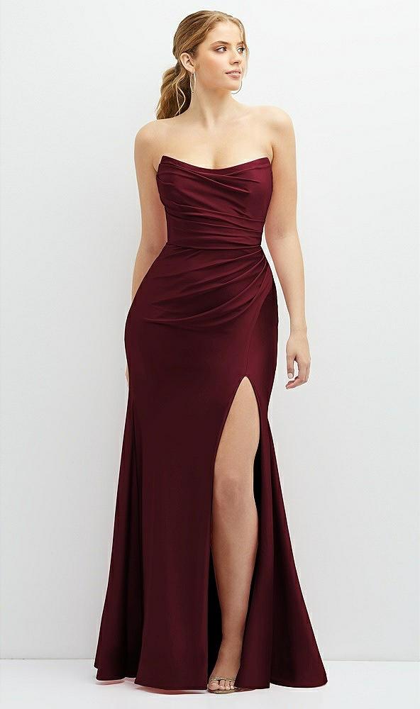 strapless basque-neck draped stretch satin mermaid dress with horsehair hem