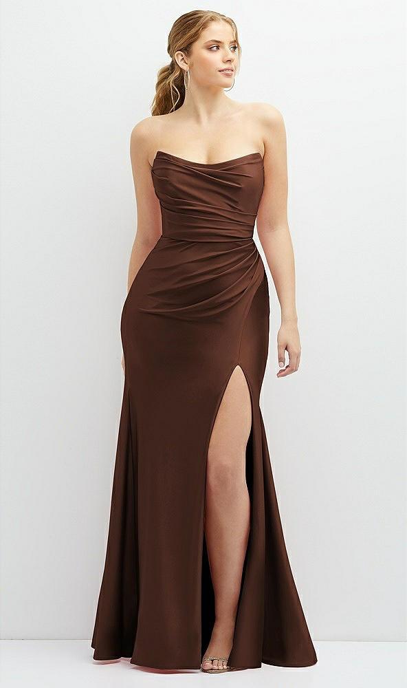 strapless basque-neck draped stretch satin mermaid dress with horsehair hem
