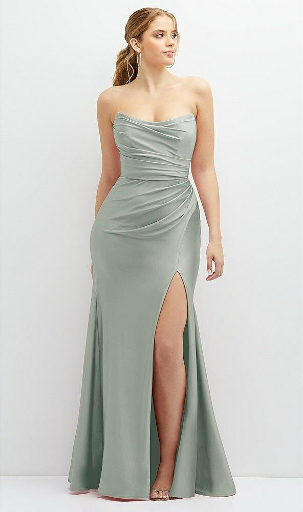 strapless basque-neck draped stretch satin mermaid dress with horsehair hem