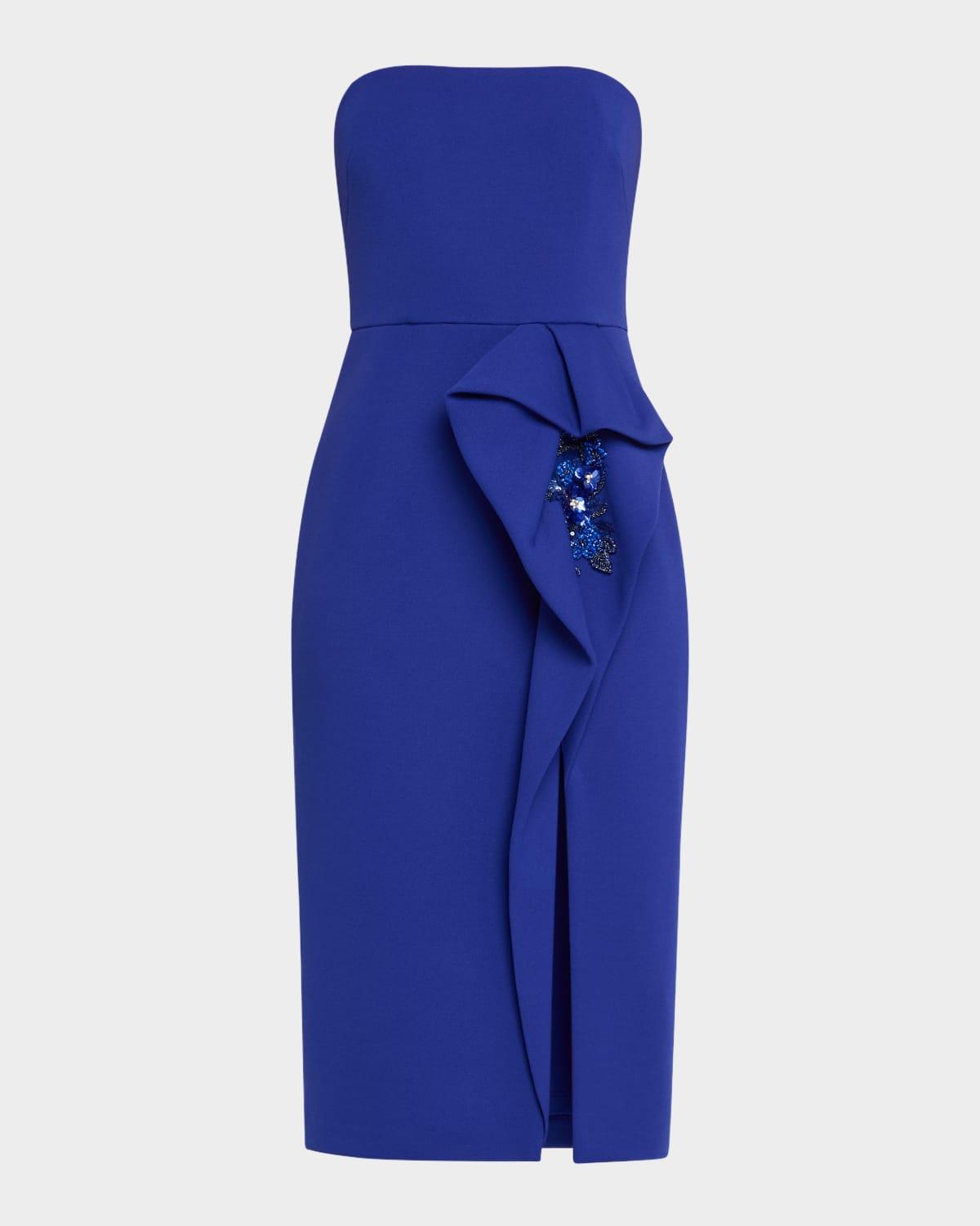 strapless bead-embellished midi sheath dress
