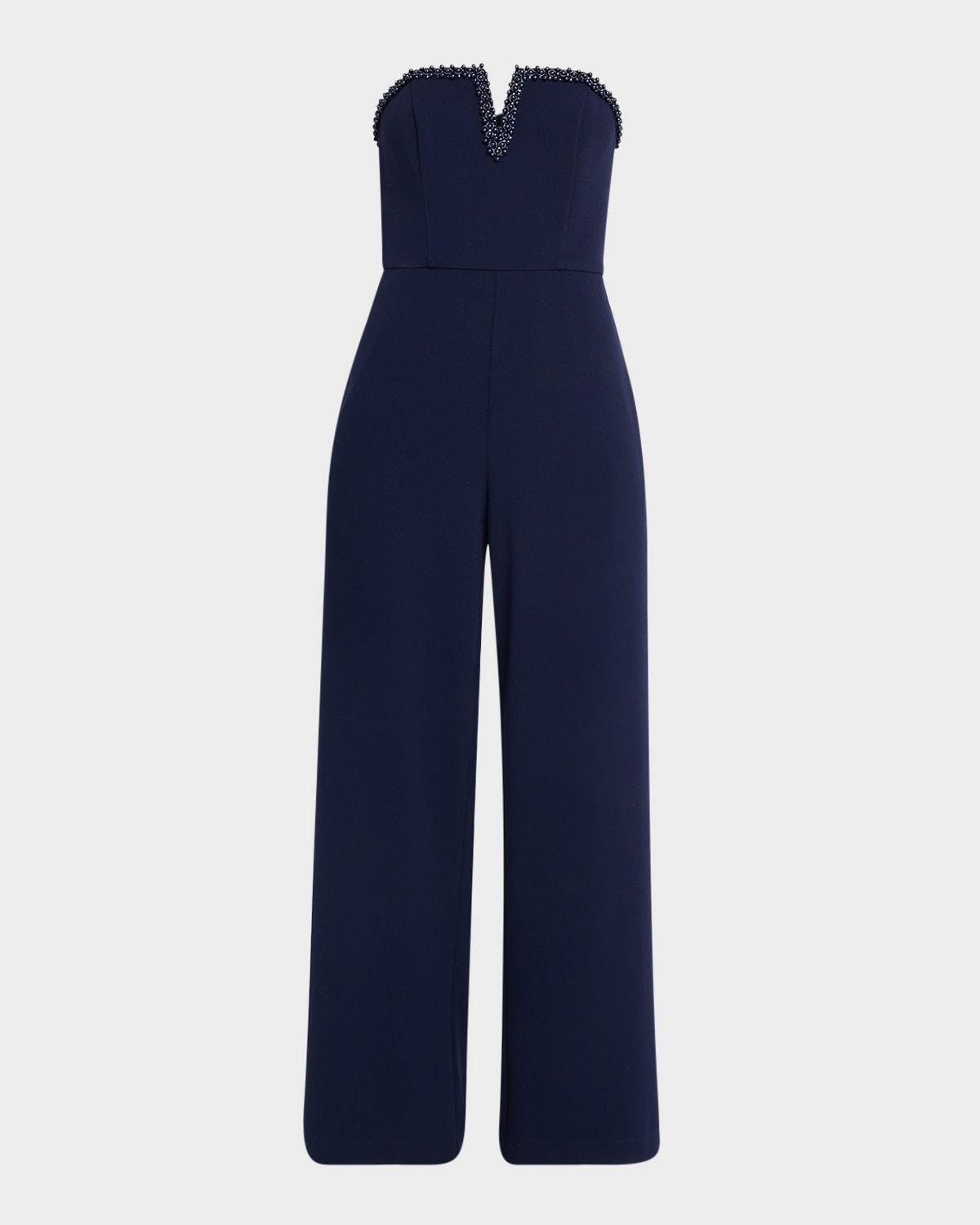 strapless bead-trim crepe jumpsuit