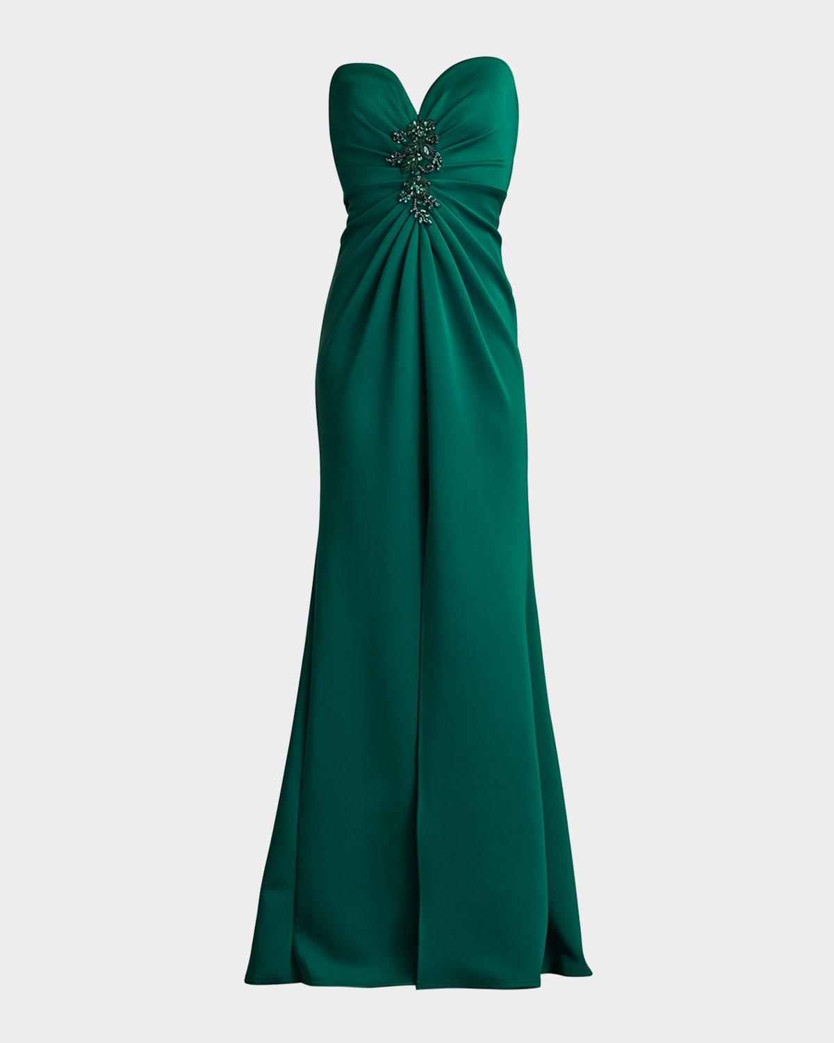 strapless beaded applique column gown