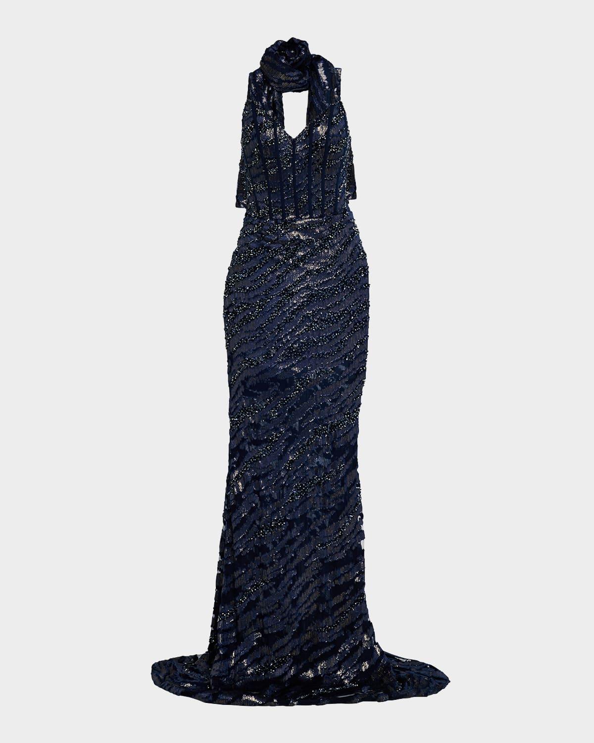 strapless beaded gown with sash