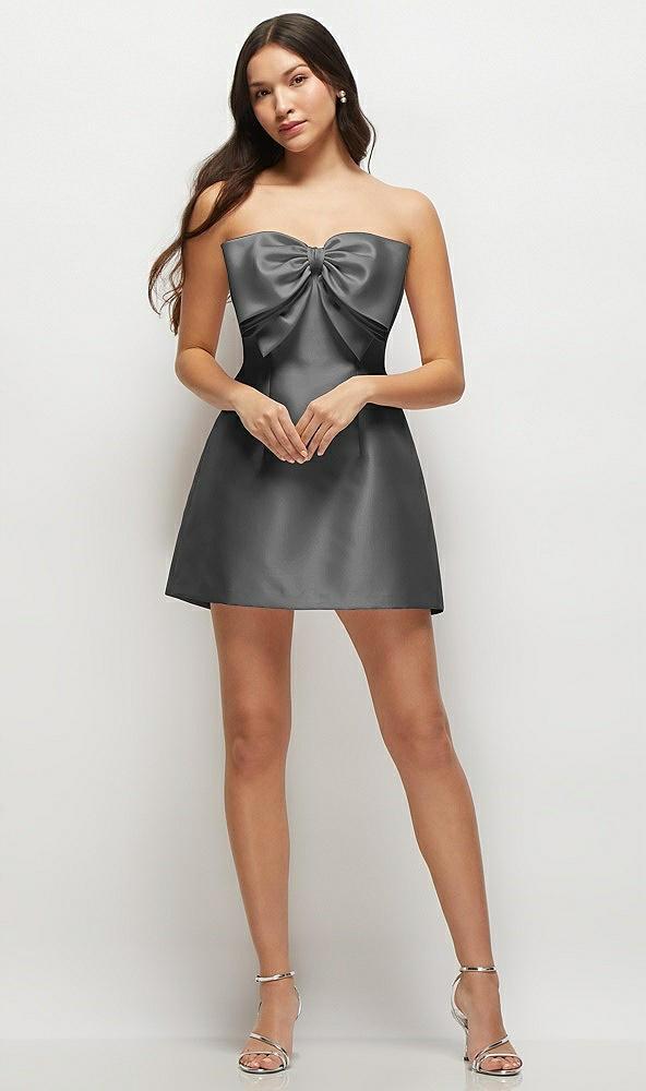 strapless bell skirt satin mini dress with oversized bow