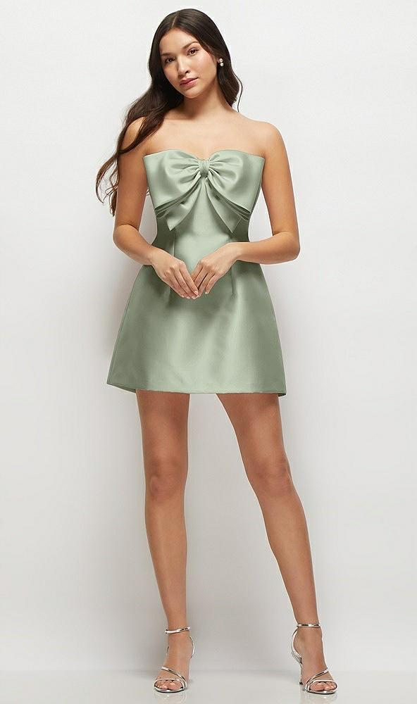 strapless bell skirt satin mini dress with oversized bow