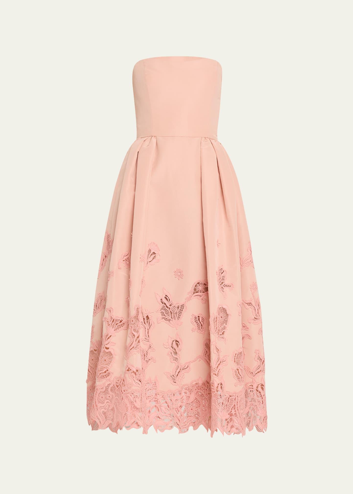strapless bellflower guipure inset faille cocktail dress