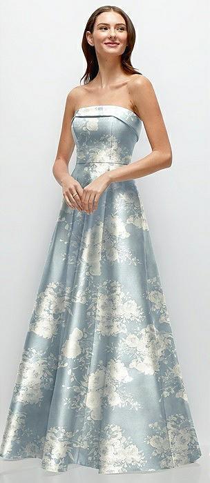 strapless bias cuff bodice floral satin gown with pockets