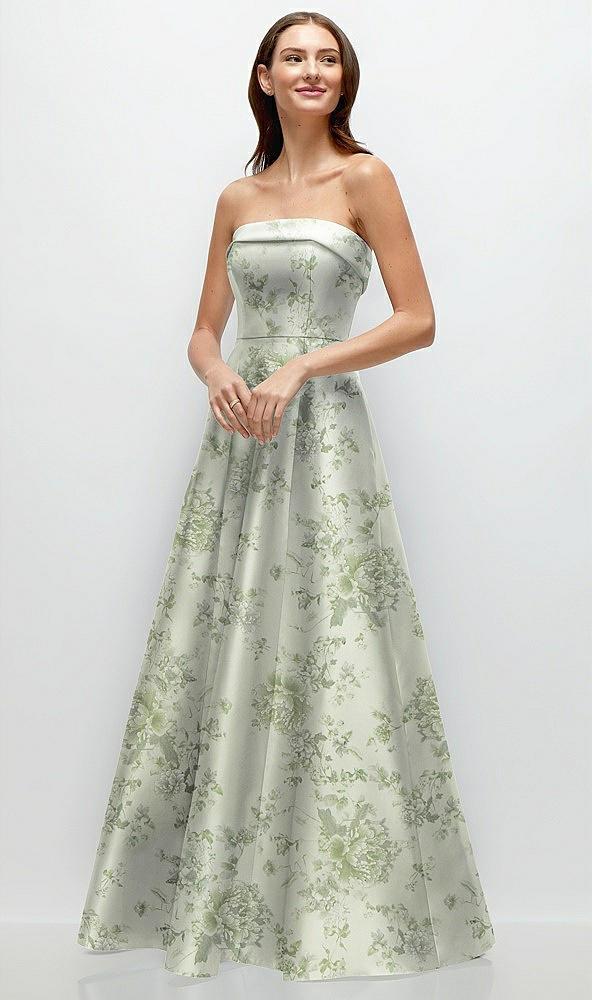 strapless bias cuff bodice floral satin gown with pockets