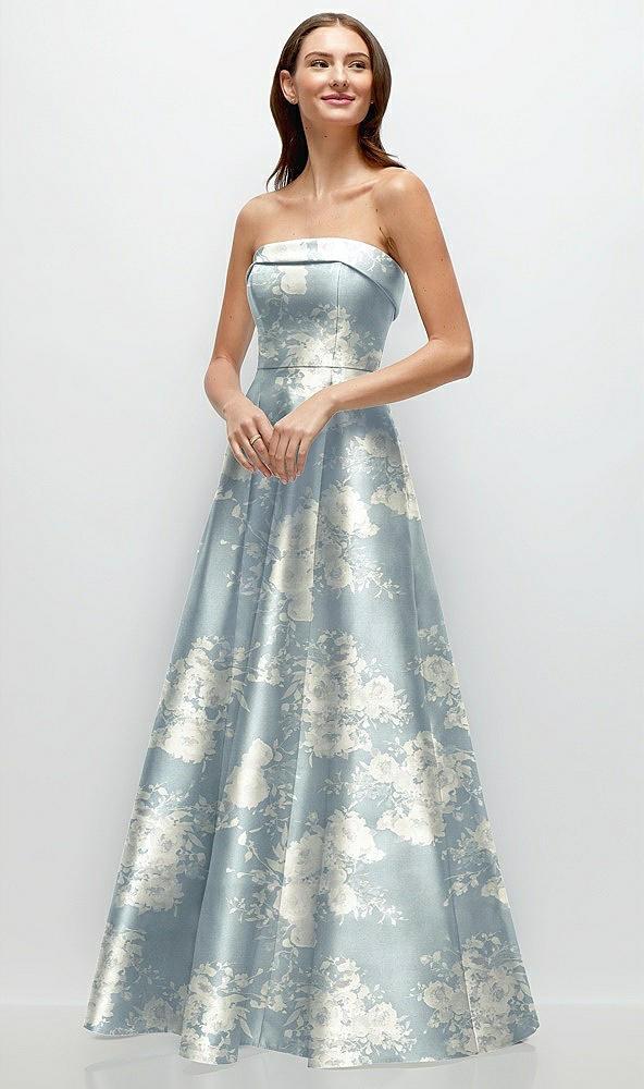 strapless bias cuff bodice floral satin gown with pockets