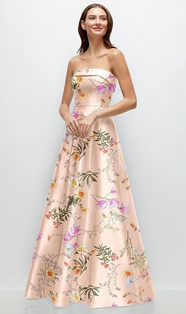 strapless bias cuff bodice floral satin gown with pockets
