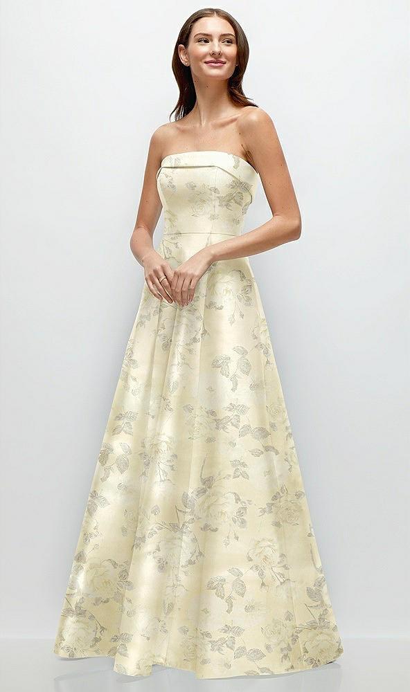 strapless bias cuff bodice floral satin gown with pockets