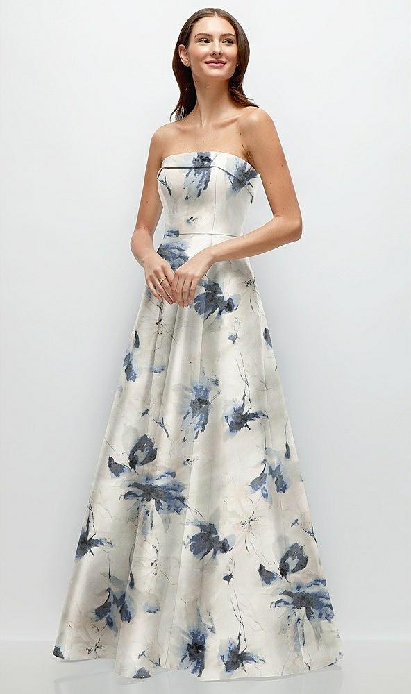 strapless bias cuff bodice floral satin gown with pockets
