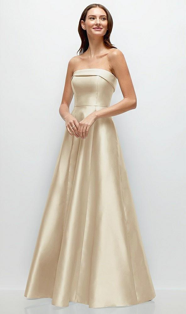 strapless bias cuff bodice satin gown with pockets