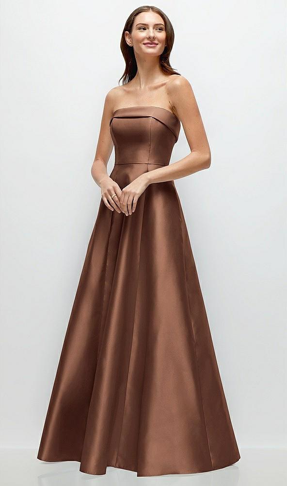strapless bias cuff bodice satin gown with pockets