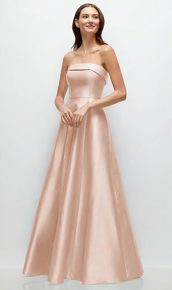 strapless bias cuff bodice satin gown with pockets