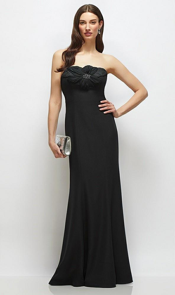 strapless black fit and flare dress with handmade flower