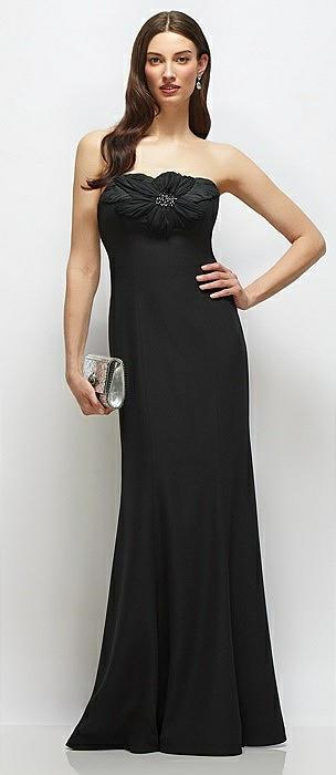 strapless black fit and flare dress with handmade flower