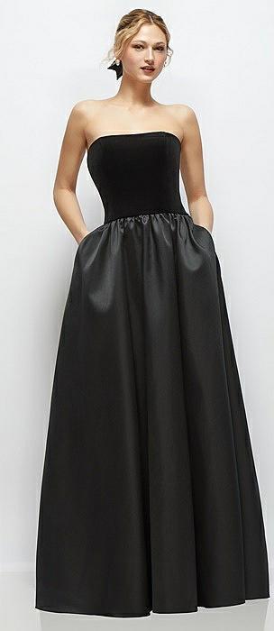 strapless black velvet and satin drop waist gown with full skirt