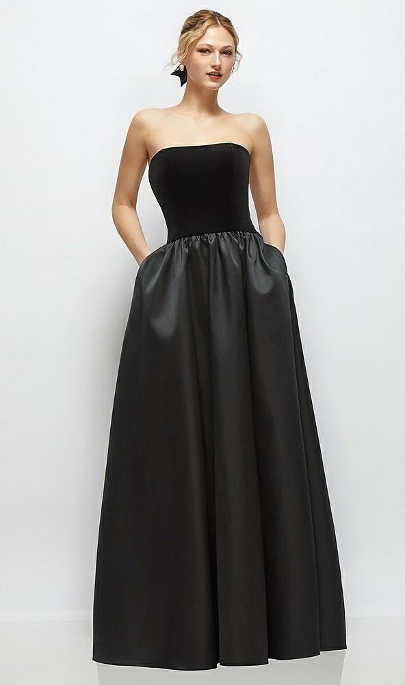 strapless black velvet and satin drop waist gown with full skirt
