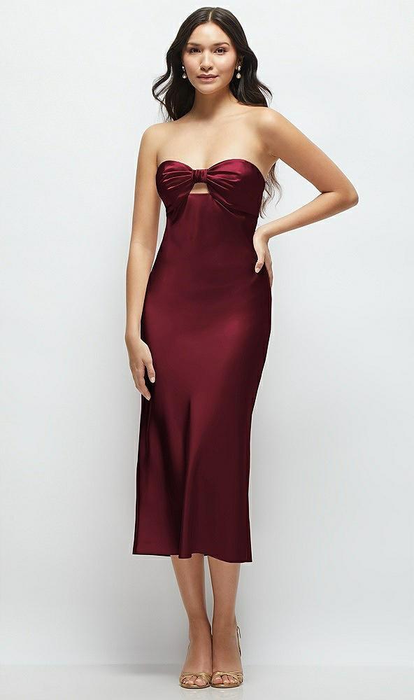 strapless bow-bandeau cutout satin midi slip dress