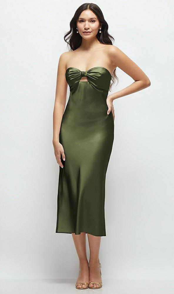 strapless bow-bandeau cutout satin midi slip dress