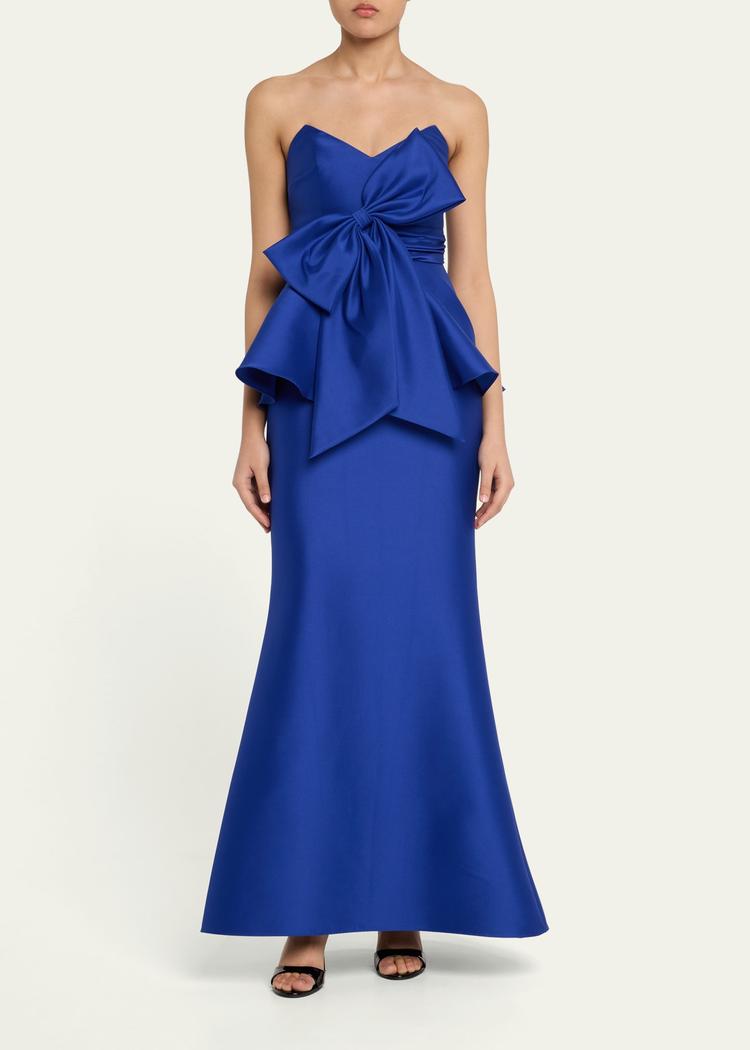 strapless bow-front peplum gown