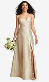 strapless bustier a-line satin gown with front slit