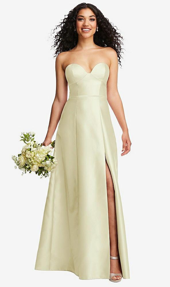 strapless bustier a-line satin gown with front slit