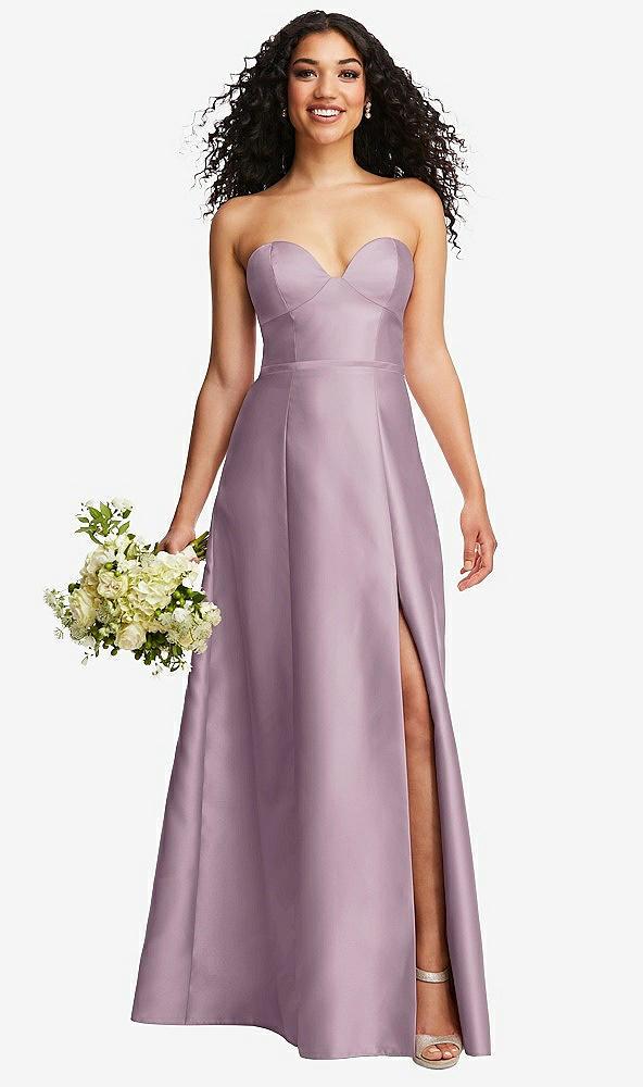 strapless bustier a-line satin gown with front slit