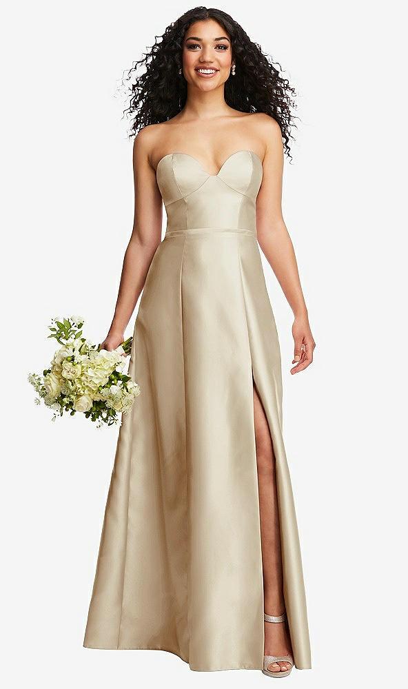 strapless bustier a-line satin gown with front slit