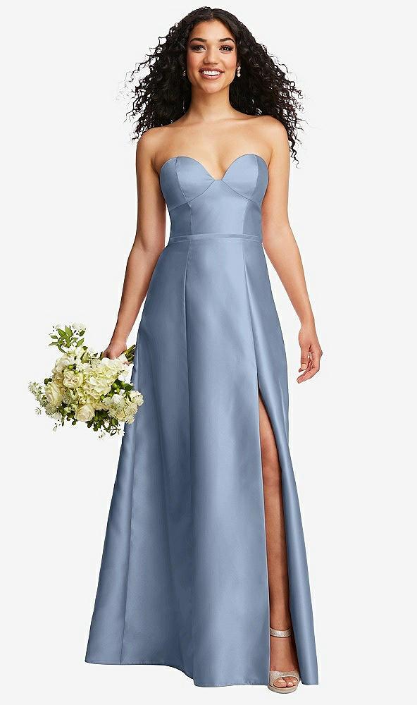 strapless bustier a-line satin gown with front slit