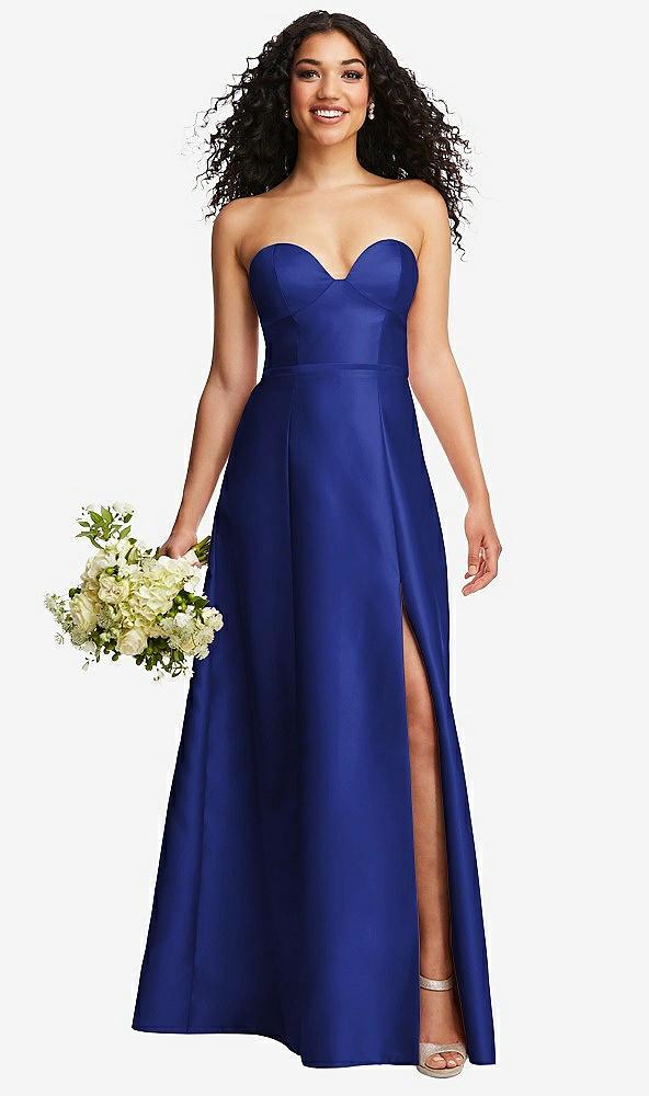 strapless bustier a-line satin gown with front slit