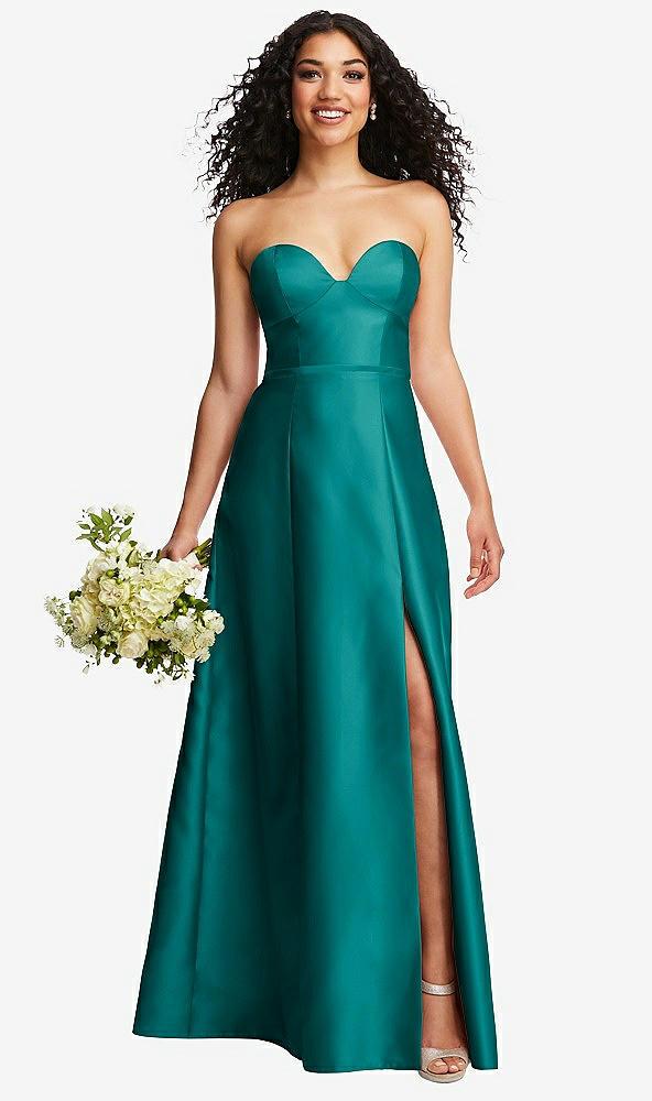 strapless bustier a-line satin gown with front slit