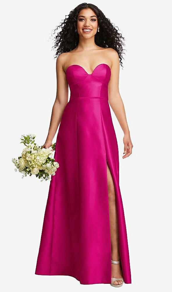 strapless bustier a-line satin gown with front slit