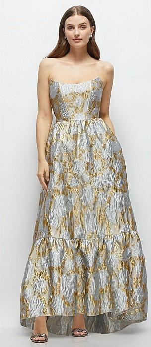strapless cat-eye boned bodice brocade high-low dress