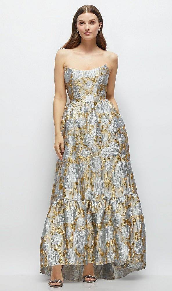 strapless cat-eye boned bodice brocade high-low dress