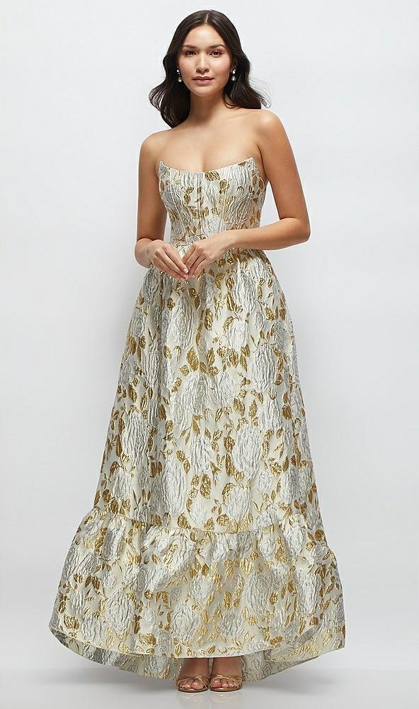 strapless cat-eye boned bodice brocade high-low dress