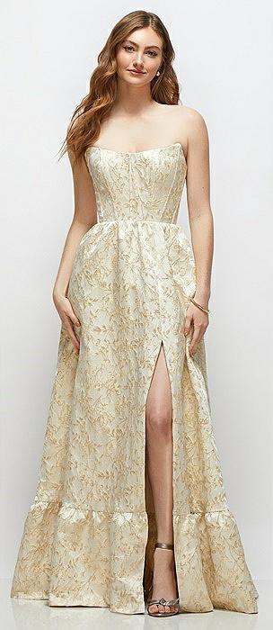 strapless cat-eye boned bodice brocade maxi dress with ruffle hem