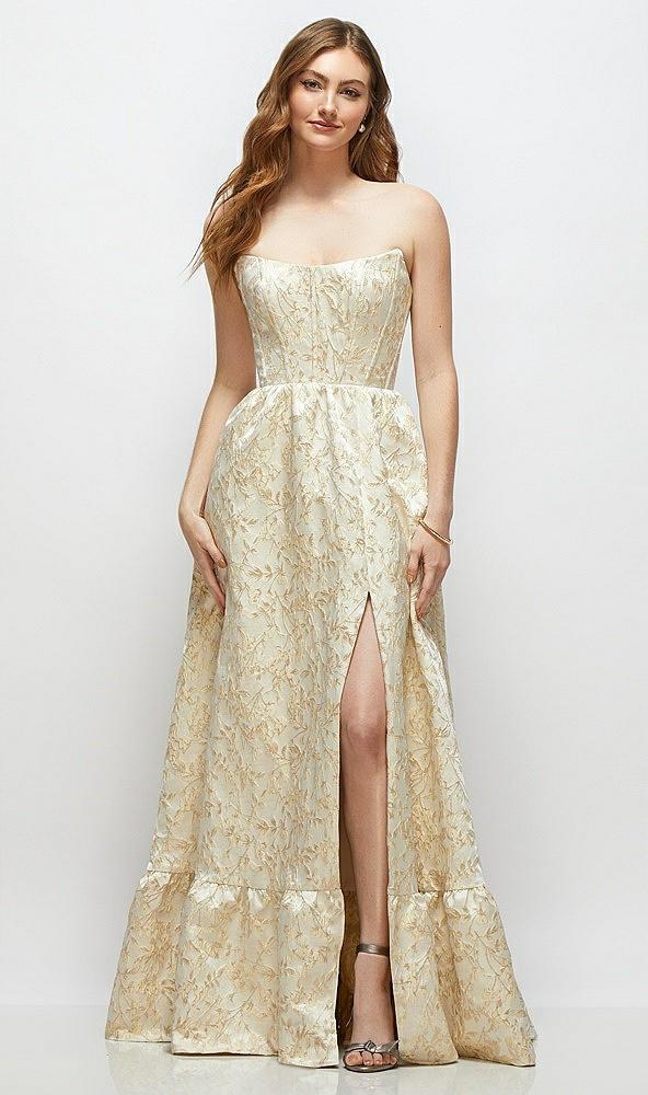 strapless cat-eye boned bodice brocade maxi dress with ruffle hem