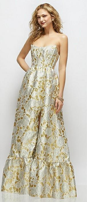 strapless cat-eye boned bodice gold leaf brocade maxi dress with ruffle hem