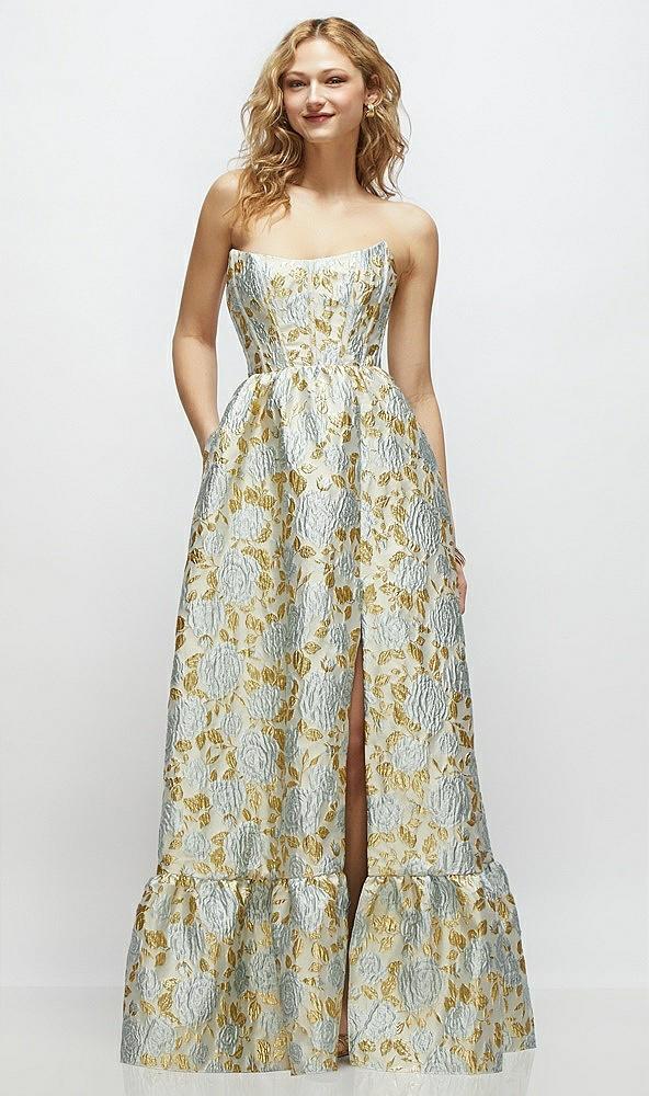 strapless cat-eye boned bodice gold leaf brocade maxi dress with ruffle hem