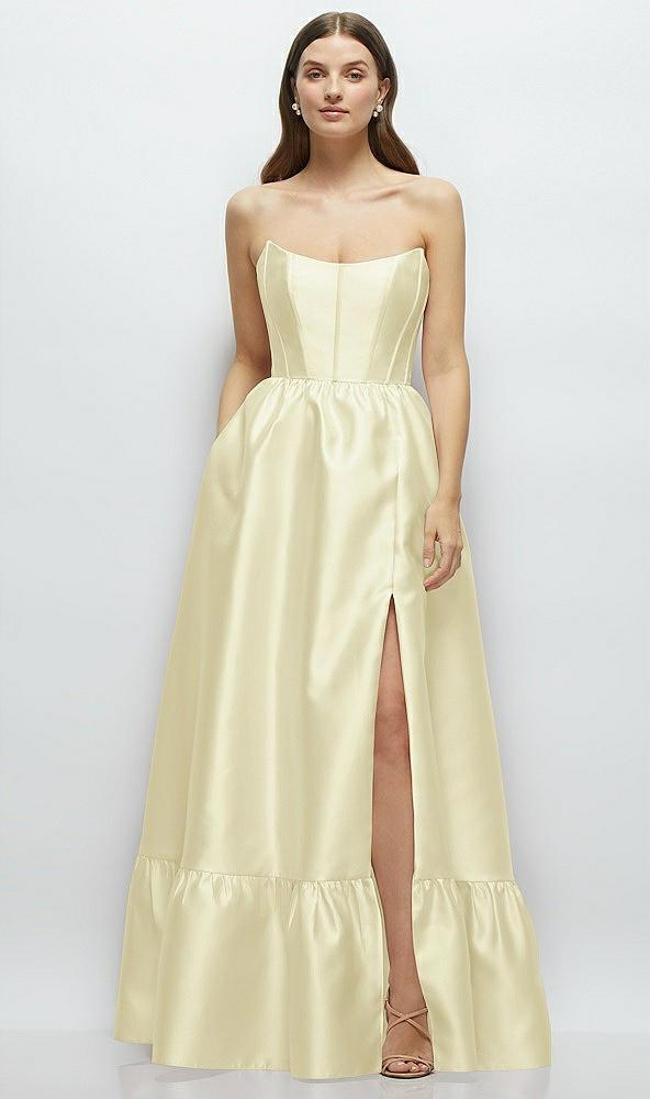 strapless cat-eye boned bodice maxi dress with ruffle hem