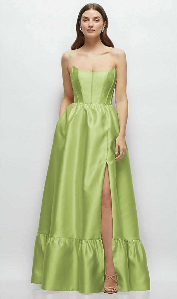 strapless cat-eye boned bodice maxi dress with ruffle hem