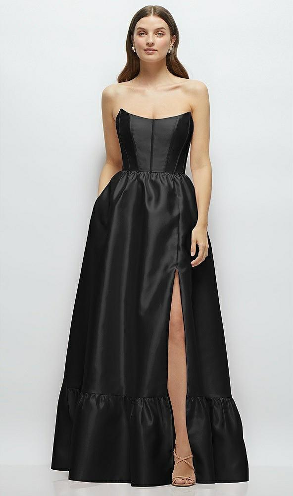 strapless cat-eye boned bodice maxi dress with ruffle hem