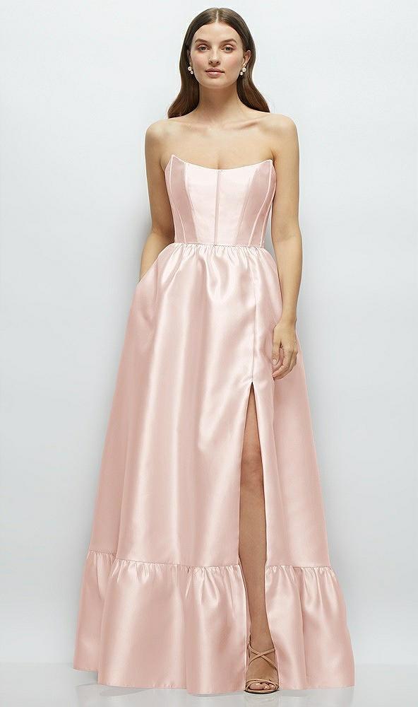 strapless cat-eye boned bodice maxi dress with ruffle hem