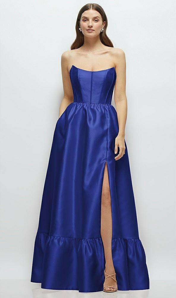 strapless cat-eye boned bodice maxi dress with ruffle hem