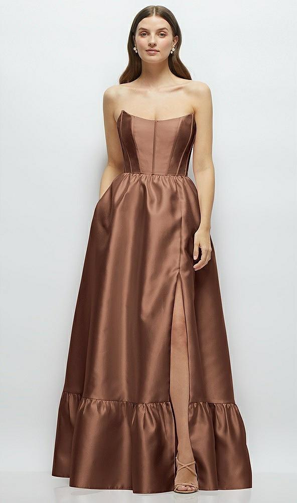 strapless cat-eye boned bodice maxi dress with ruffle hem