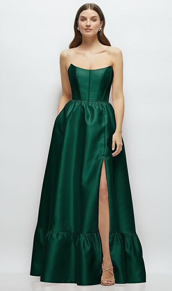 strapless cat-eye boned bodice maxi dress with ruffle hem