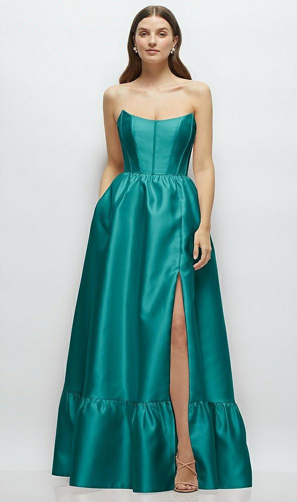 strapless cat-eye boned bodice maxi dress with ruffle hem